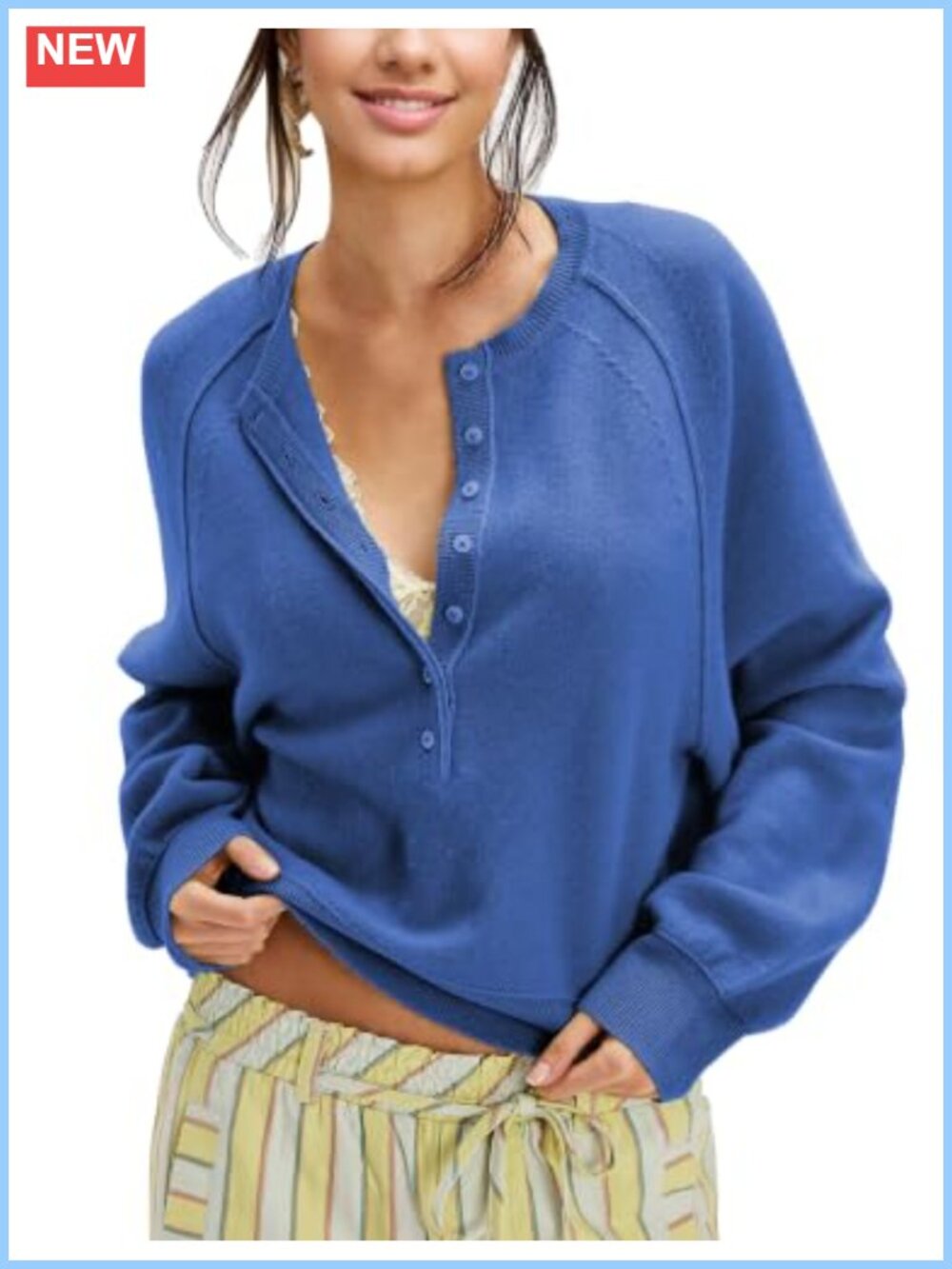 Half Button Knit Sweater Womens Henley Pullover Top Loose Fit